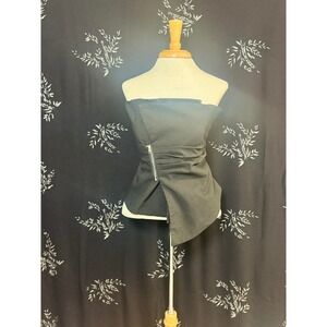 Womens Black Strapless Peplum Top Side Zip Smocked Back Asymmetric Hem Small